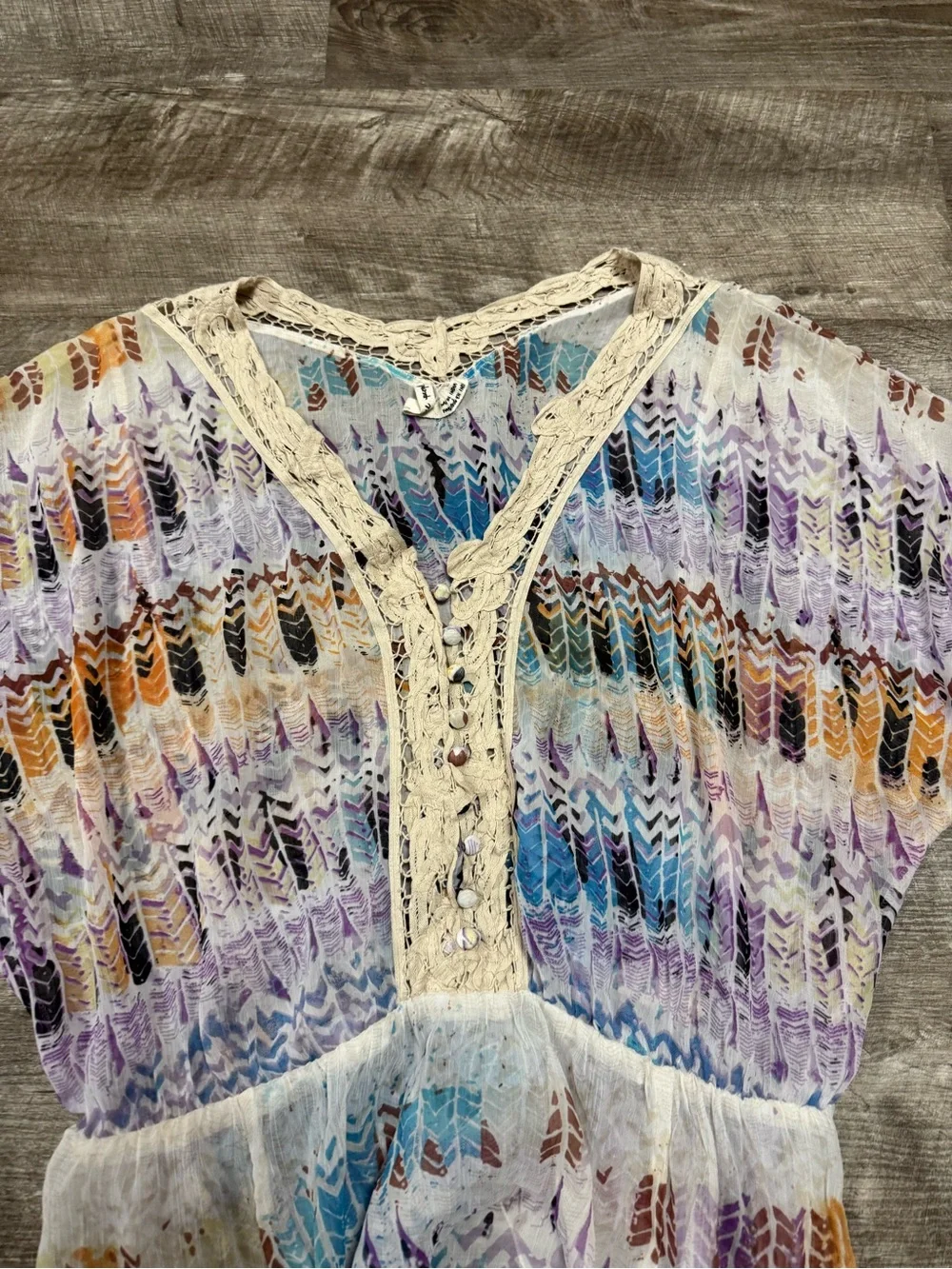 Free People Boho Lace Sheer Chevron Blouse Large